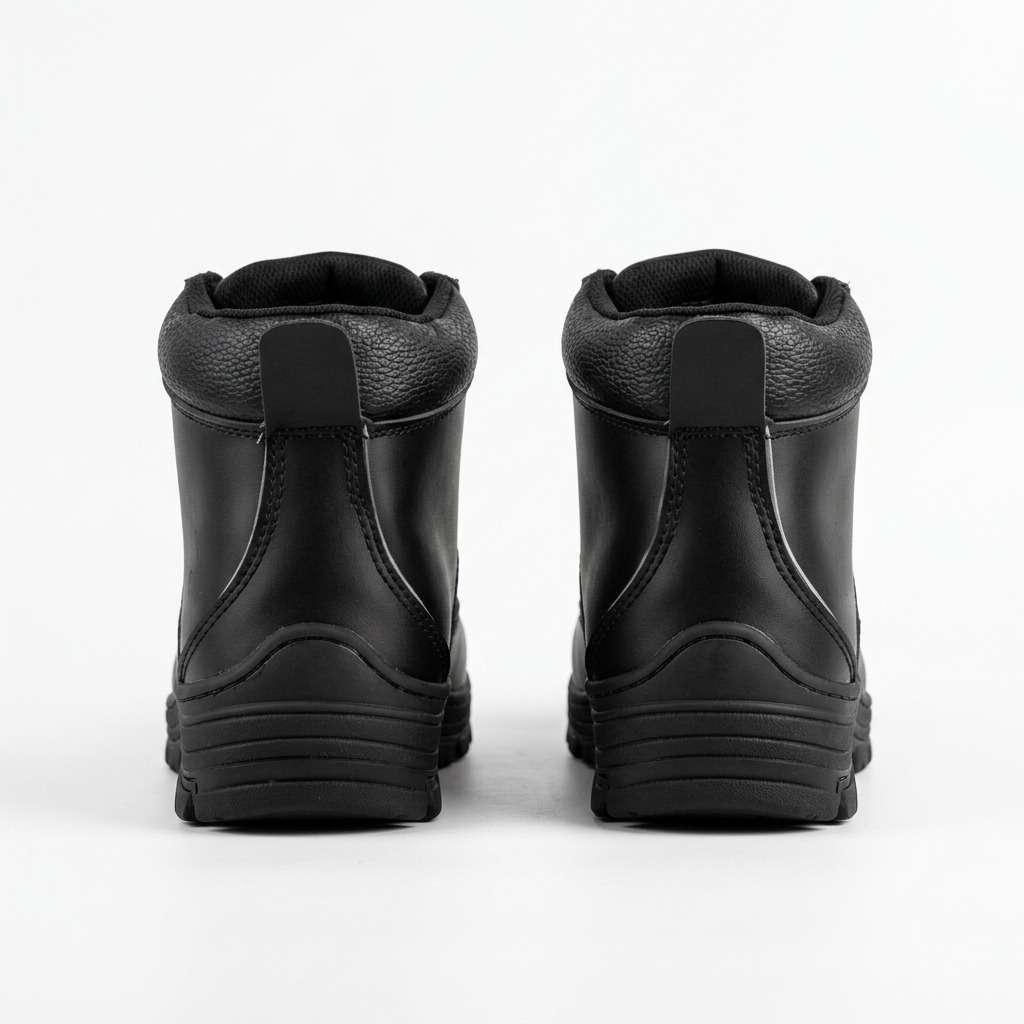 Vista trasera de botas de seguridad antideslizantes OZAPATO Rock 01 con soporte acolchado de tobillo